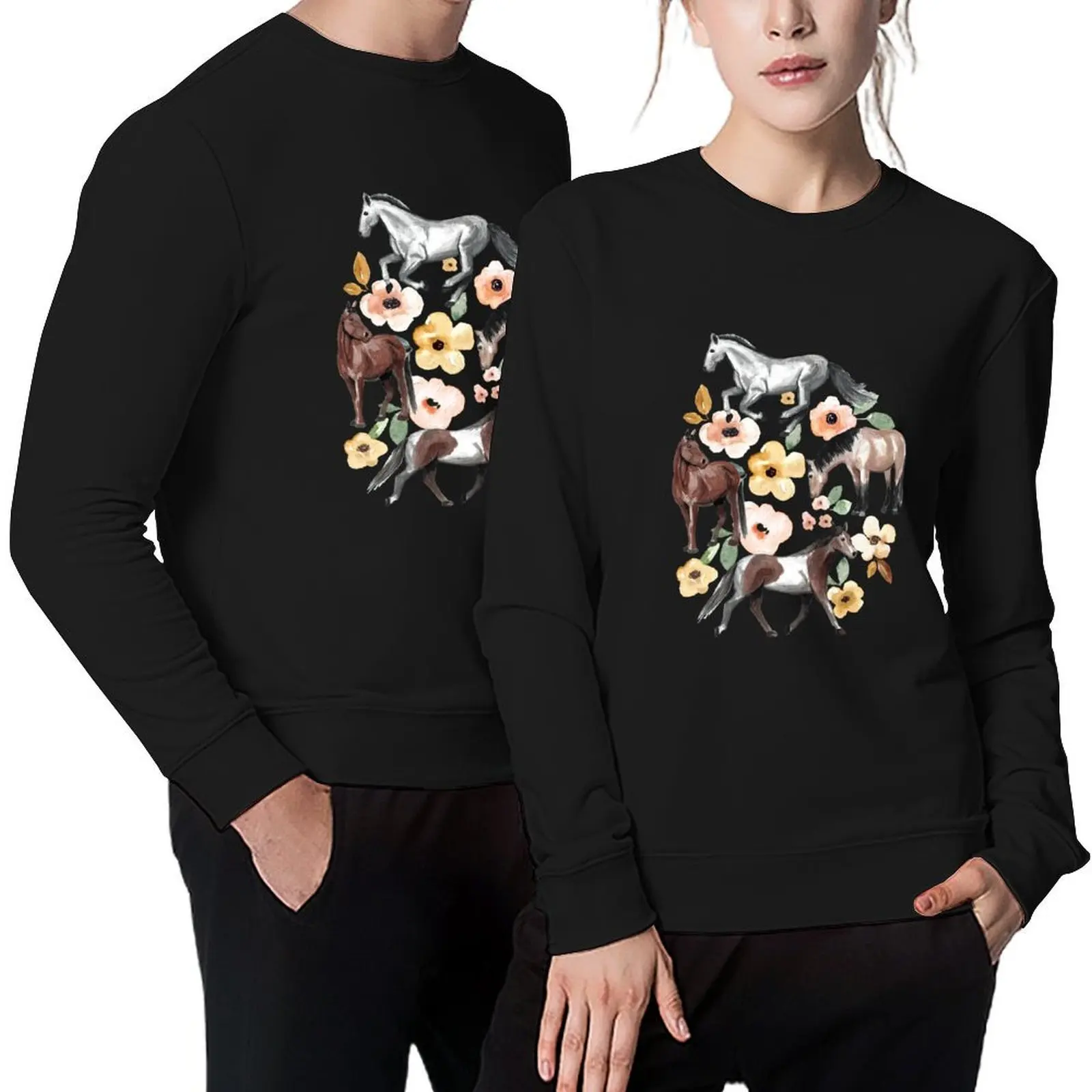 Horses with Yellow and Pink Flowers, Horse Decor, Watercolor Floral Pullover tracksuit autumn clothes aesthetic sweatshirts