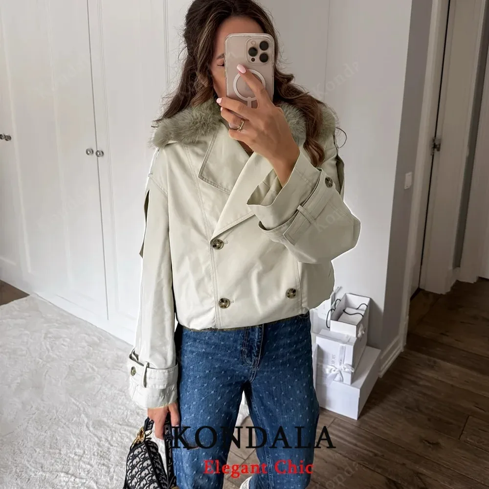 

KONDALA элегантная женская короткая ветровка с лацканами, короткая куртка с воротником из искусственного меха, новинка 2025 года, осенне-зимняя модная повседневная куртка для поездок на работу