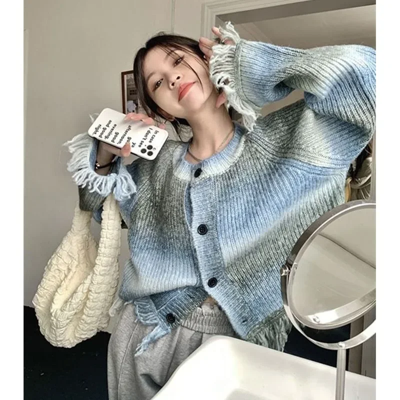 

Women Cardigan Design Gradient Color Tassels Sweater Jacket Autumn and Winter Versatile Short Knitted Sweater Female