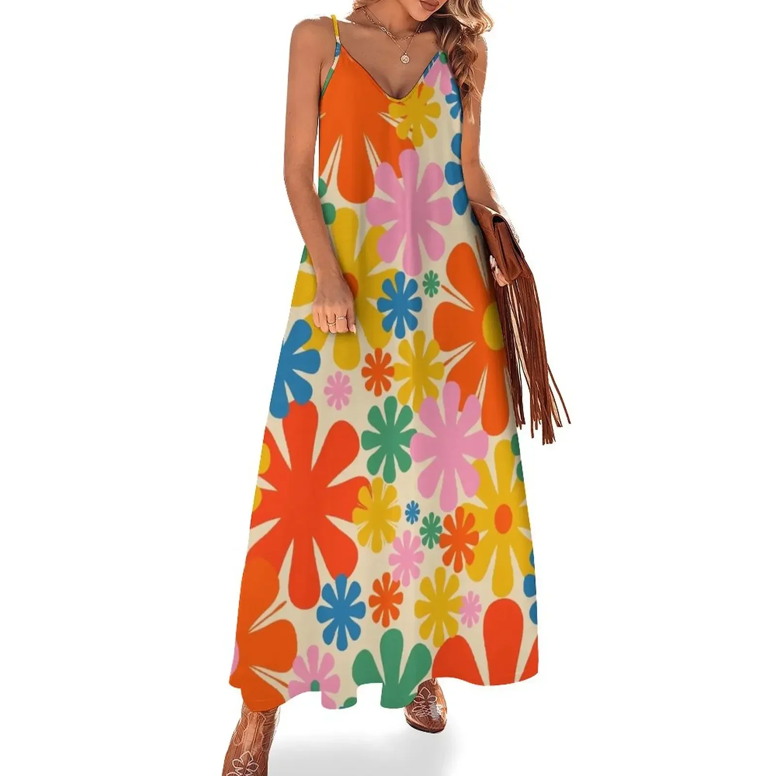 

Retro 60s 70s Aesthetic Floral Pattern in Rainbow Pop Colours Sleeveless Dress clothes for woman Dress