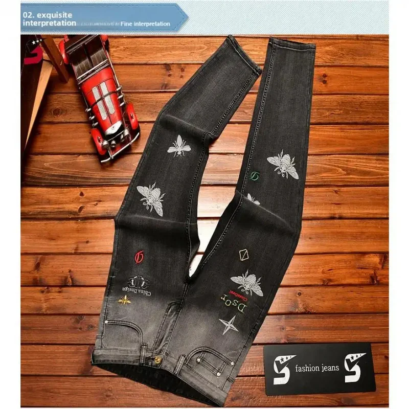 Men's Slim Fit Jeans in Black and Gray with Bee Embroidery Print, Stretch Denim Casual Streetwear for Daily & Events, Hip Hop St