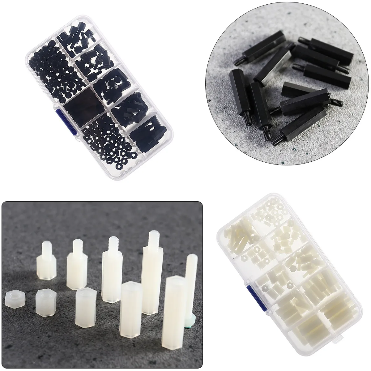 

300Pcs Nylon Nut and Spacer Assortment Kit Black White Heavy Duty Nylon Plastic Fasteners Hex Standoff Screws for Hardware