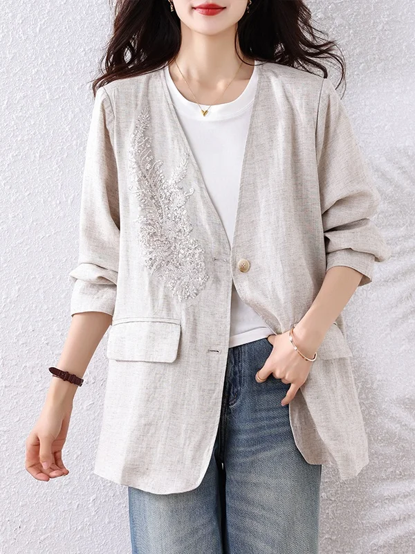 

Early Spring 2026 Women's plus Size Silk Linen Breathable Embroidered Heavy Work Jacket Casual Commute Style Loose Fit Coat