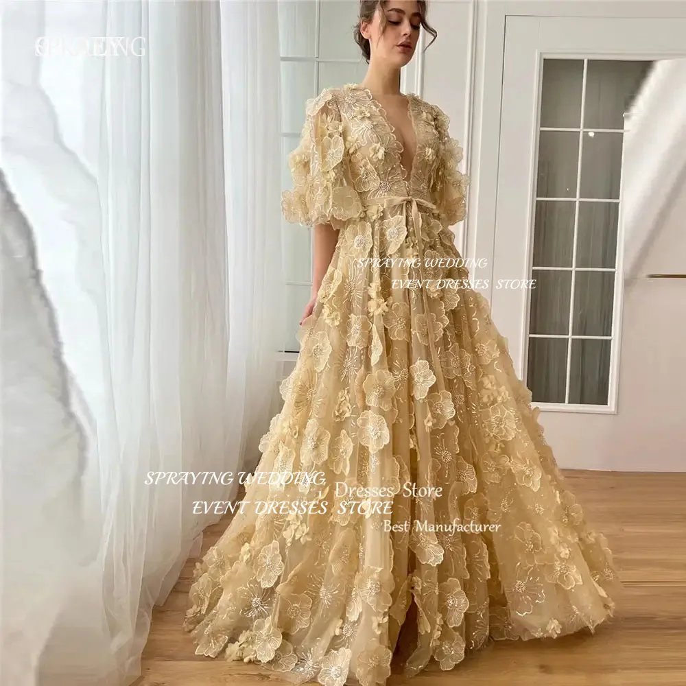 SPRAYING 2025 New Design Champagne 3D Flowers Lace Evening Dresses V Neck Puff Half Sleeves Split Prom Gowns Wedding Party Dress