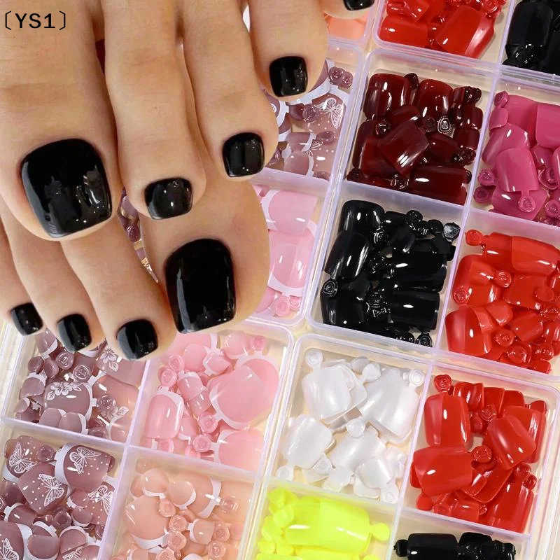 〔YS1〕96 Pcs 4 Grid Short Square Full Cover False Toenail Tips Artificial Acrylic Foot Nail Art Extension Wearable