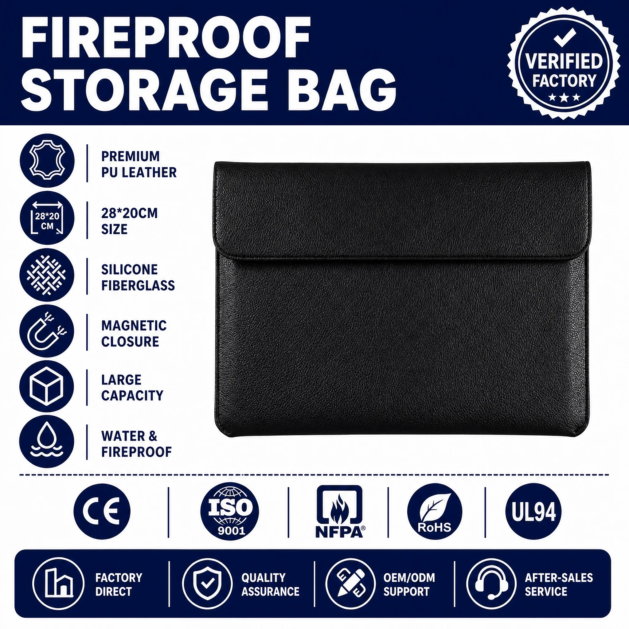 Litchi Pattern PU Leather Fireproof Document Bag 1.2mm Waterproof Storage Pouch Magnetic Closure Office Organizer Folder Black