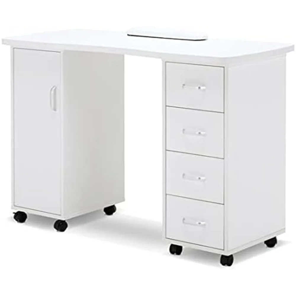 Manicure Table Acetone Resistant Nail Table with 4 Drawers 2 Cabinet Lockable Wheels Wrist Pad Nail Desk  Enormous Space