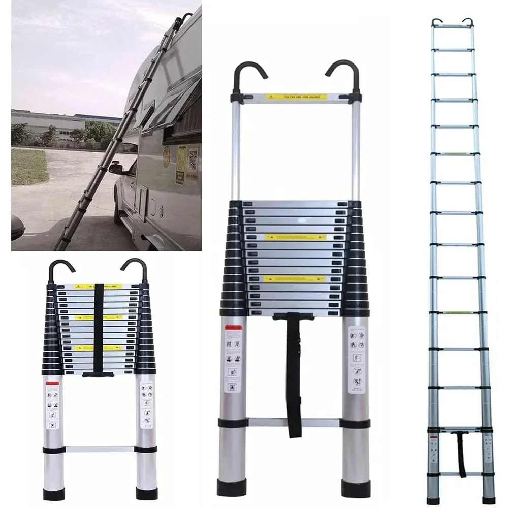 Telescoping Ladder 20FT Extension Ladder with 2 Detachable Hooks Aluminum Telescopic Collapsible Fully Extended