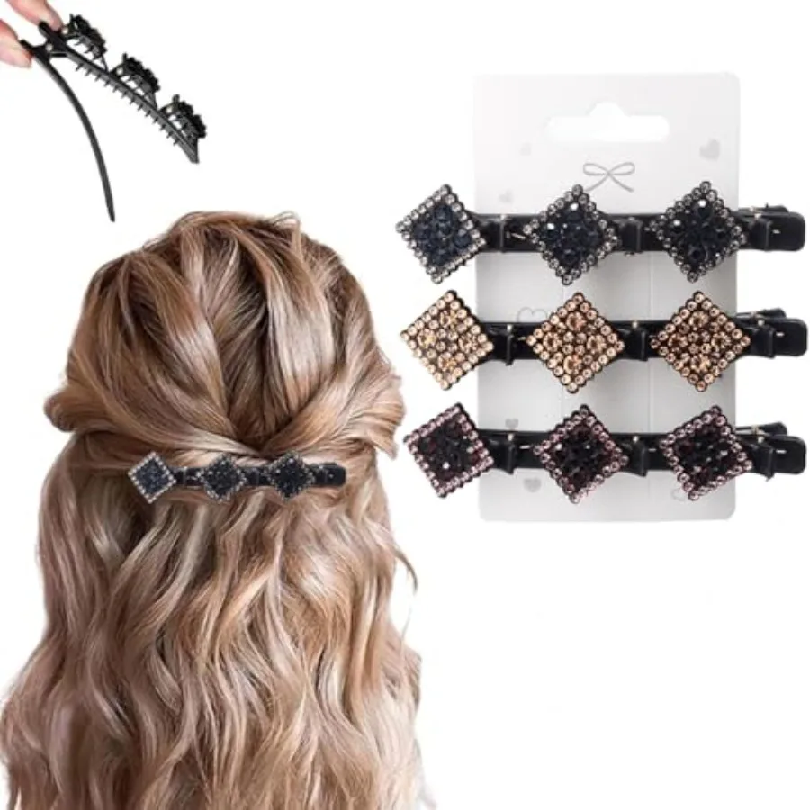 

3 Pcs Sparkling Crystal Stone Braided Hair Clips, 2026 New Satin Fabric Hair Bands Rhinestone Four-Leaf Clover Hair Clip for St