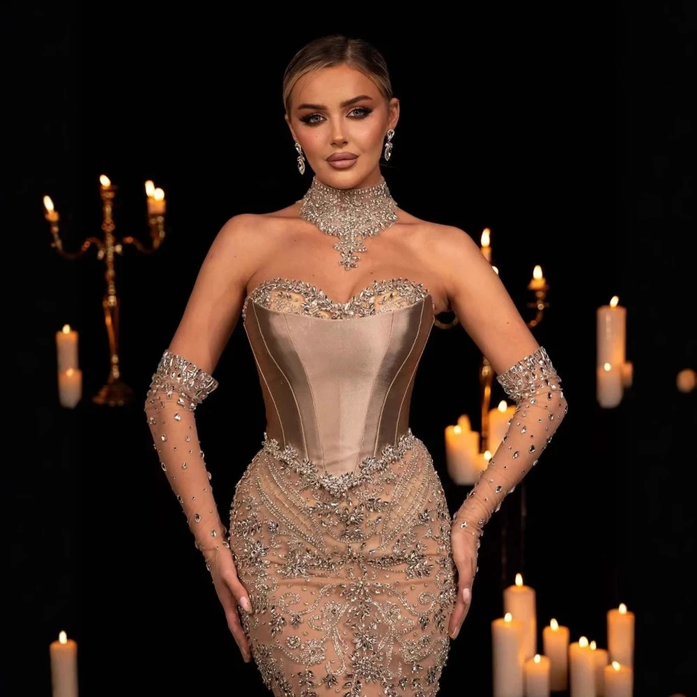 Sharon Said Luxuriöses Dubai Champagner Meerjungfrauen-Abendkleid mit Choker und Handschuhen für Damen Hochzeitsfeier-Kleid SS069 Maßanfertigung – Detail 6