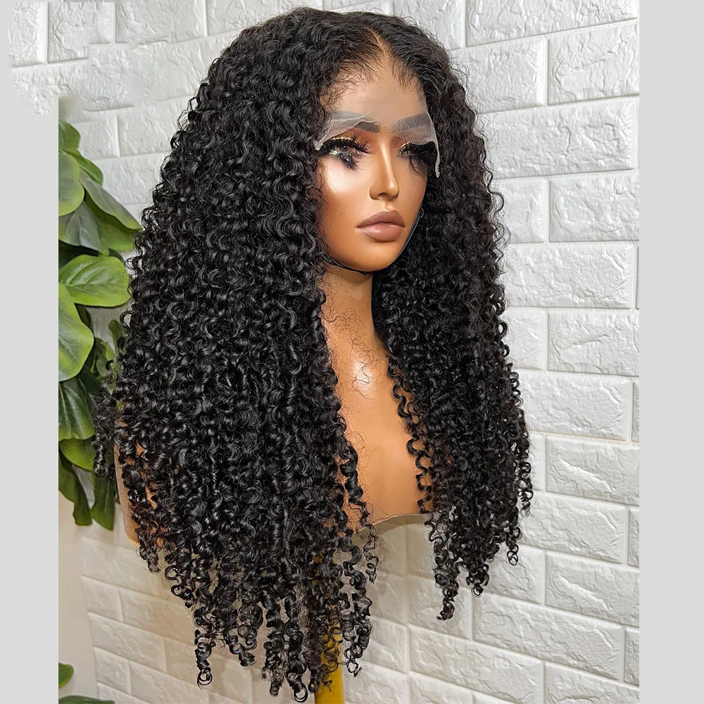 Soft 180 Density 26 inch Long Soft Black Kinky Curly Preplucked Lace Front Wig For Women Natural Hairline Wig With Baby Hair
