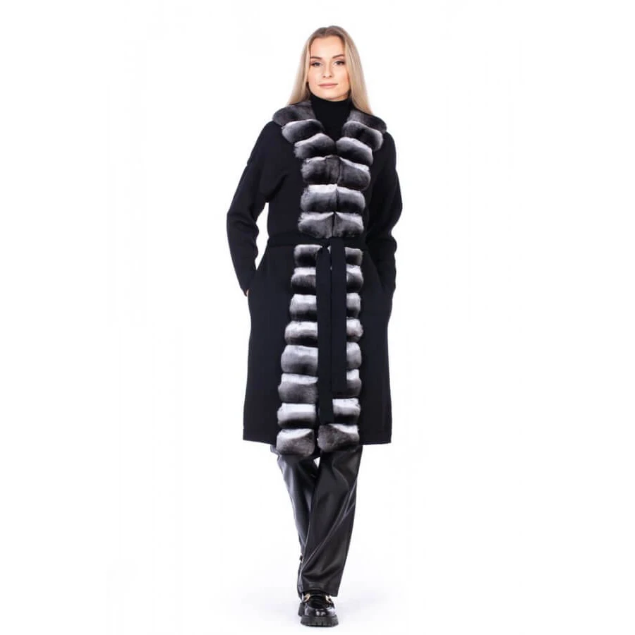 

Cashmere Coat Women Wool Blends Long Women Clothing 2024 New Arrivals Black Chinchilla Rex Rabbit Fur Trim Cardigan Coa