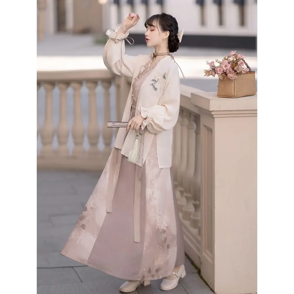 2023 Autumn Original Orange Floral Printed Lace Up Hanfu Dress Suit 4pcs Lace Cardigan Women Elegant Casual Tea Party Dresses