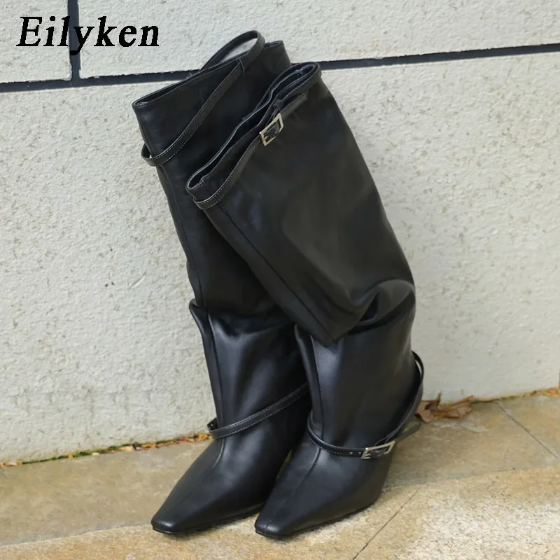 Eilyken 2027 Women Pointed Toe Thin Low Heels Knee-High Boots Punk Style Belt Buckle Party Dress Shoes Autumn Winter Booties