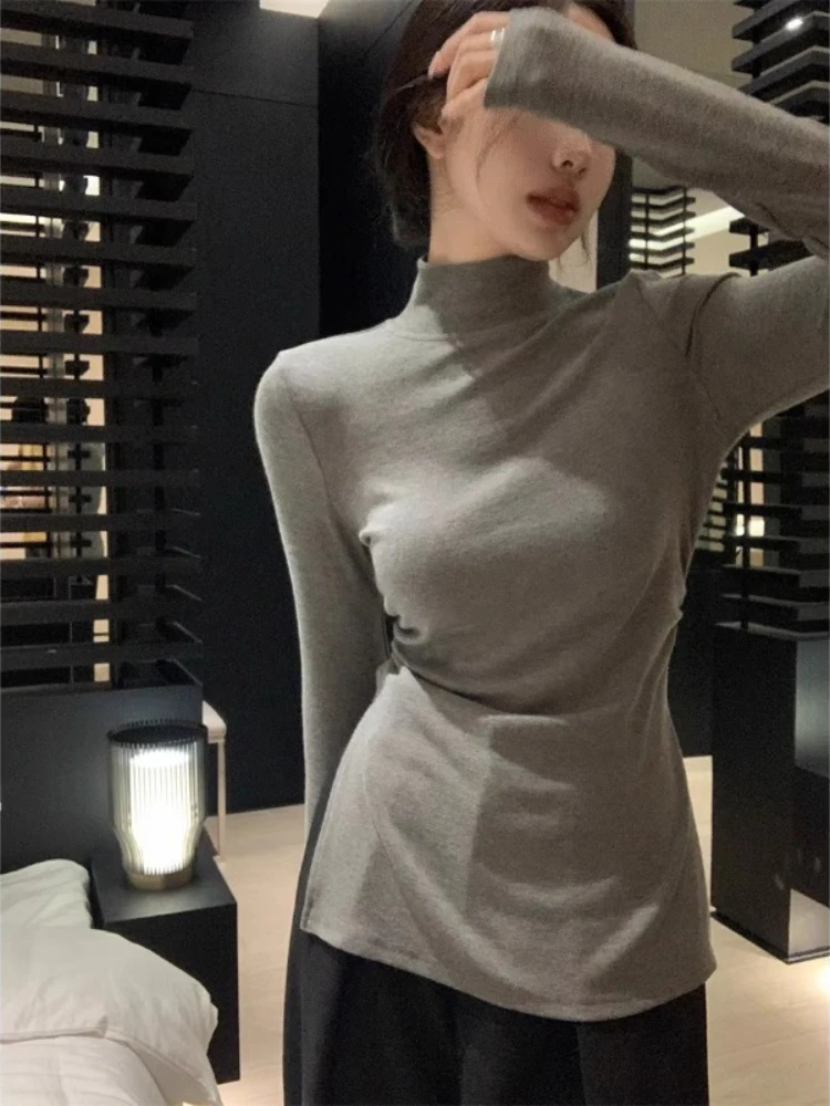 T-shirts Women Autumn Winter Basic Half High Collar Plus Velvet Slim Side Slit All-match Tops Skin-friendly Ulzzang Concise New