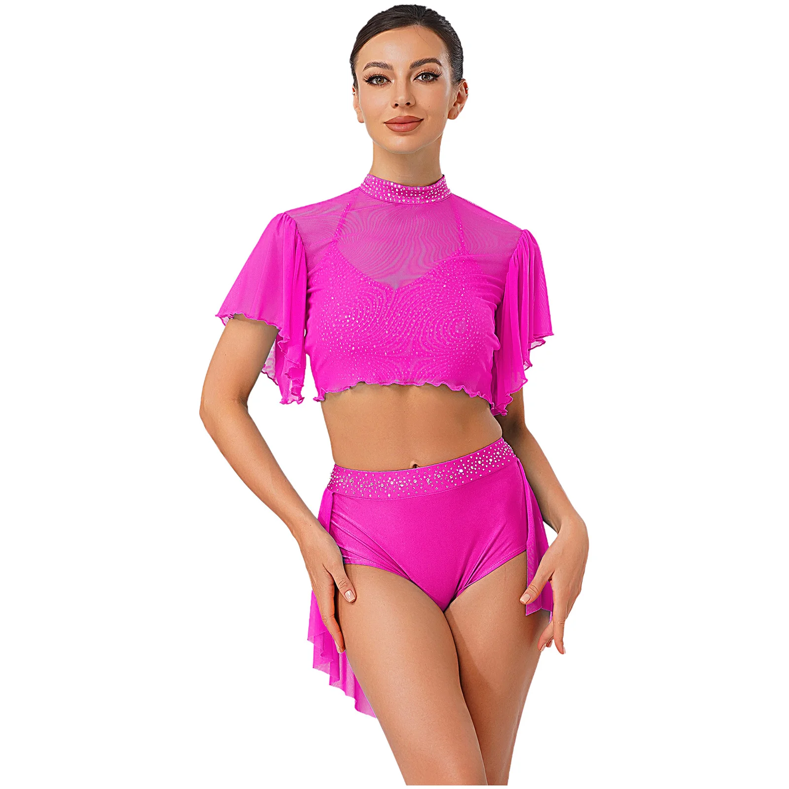 

3Pcs Womens Jazz Dance Set Glitter Backless Camisole Crop Tops Mesh Cover Up+Irregular Skirt Shorts for Lyrical Dance Class