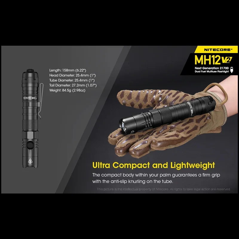 NITECORE MH12 V2 LED Flashlight CREE XP-L2 V6 LED 1200Lumen USB-C Rechargeable Dual Fuel EDC Troch Lantern With Battery