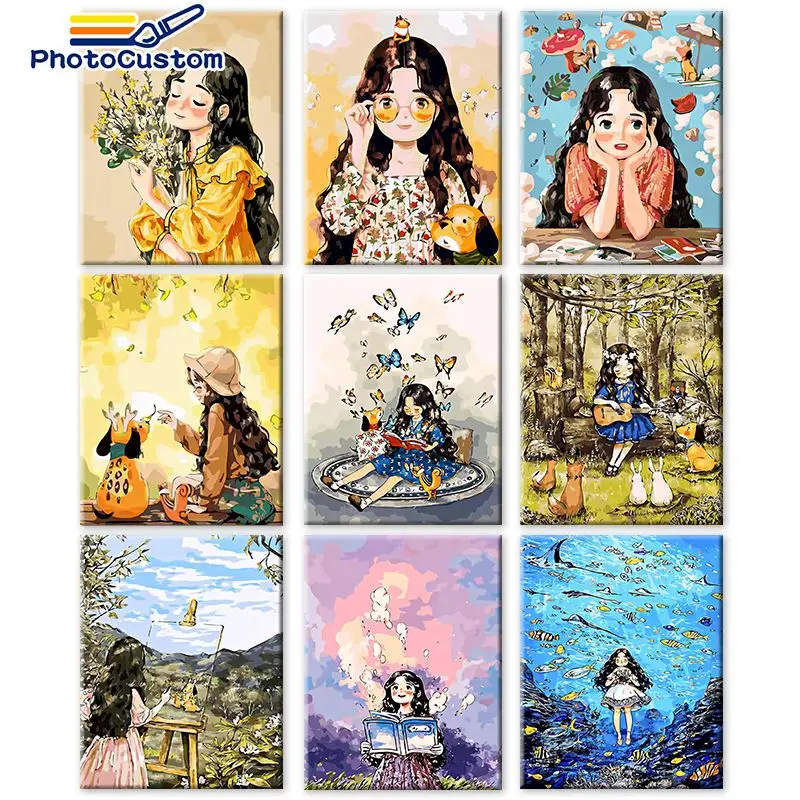 

PhotoCustom Coloring By Number Forest Girl Kits For Adults Handpainted Oil Painting Home Decoration Gift DIY Frame 60x75cm