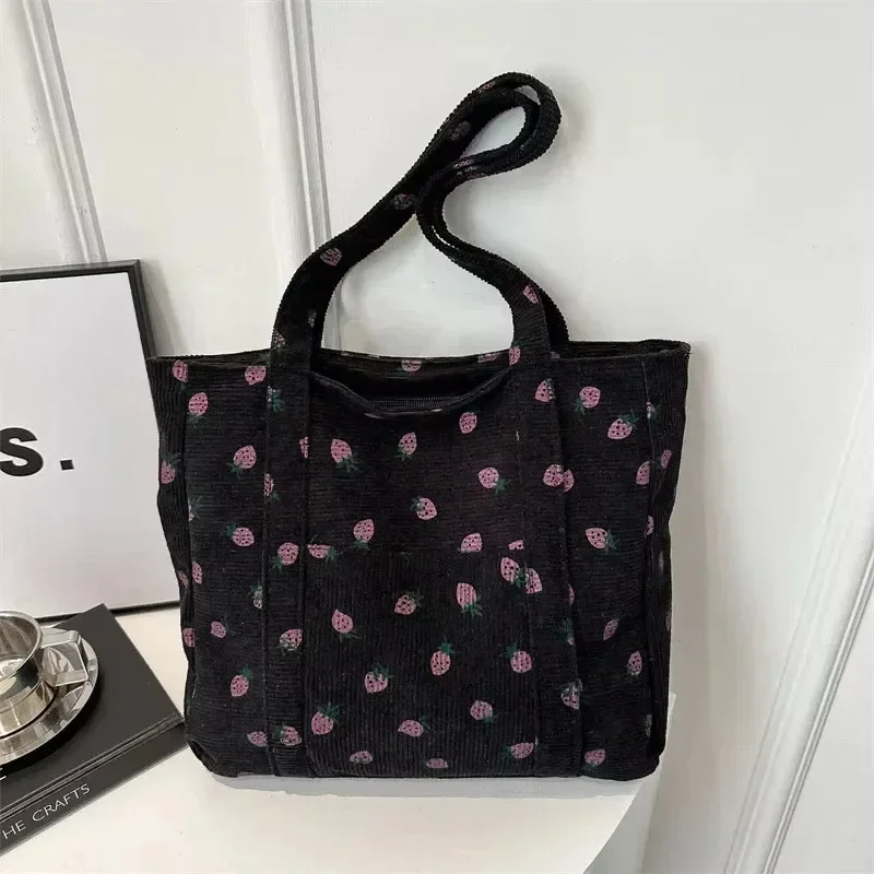 Cord-Handtasche mit Erdbeer-Print, Strandtasche, Modische Große Tragetasche für Frauen, Vielseitige Pendler-Schultertasche, Bolsos – Detail 2