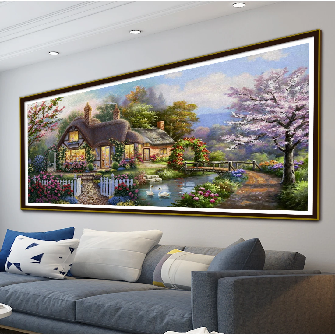 

Beautiful Home Panoramic Cross-Stitch Kit, Handmade Embroidery DIY Material Pack, Dreamy Countryside Cottage with Cherry Blossom Lake Scenery, Large Size Living Room Home Decoration Painting