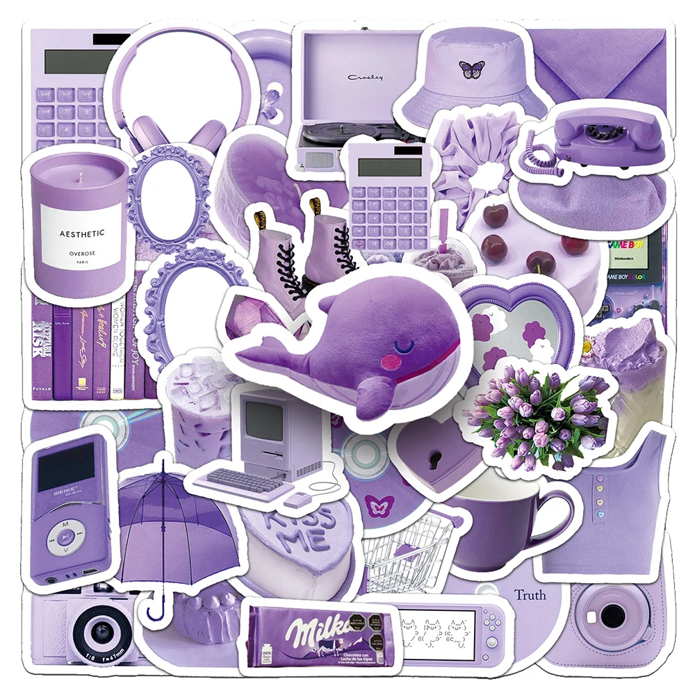 10/30/50pcs Purple INS Aesthetic Cartoon Stickers Artsy Minimalist Decoration Decals Waterproof DIY Laptop Phone Case Stationery