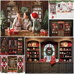 Christmas Kitchen Backdrop Retro Cupboard Xmas Tree Wood Wall Family Party Children Portrait Photography Background Photo Studio