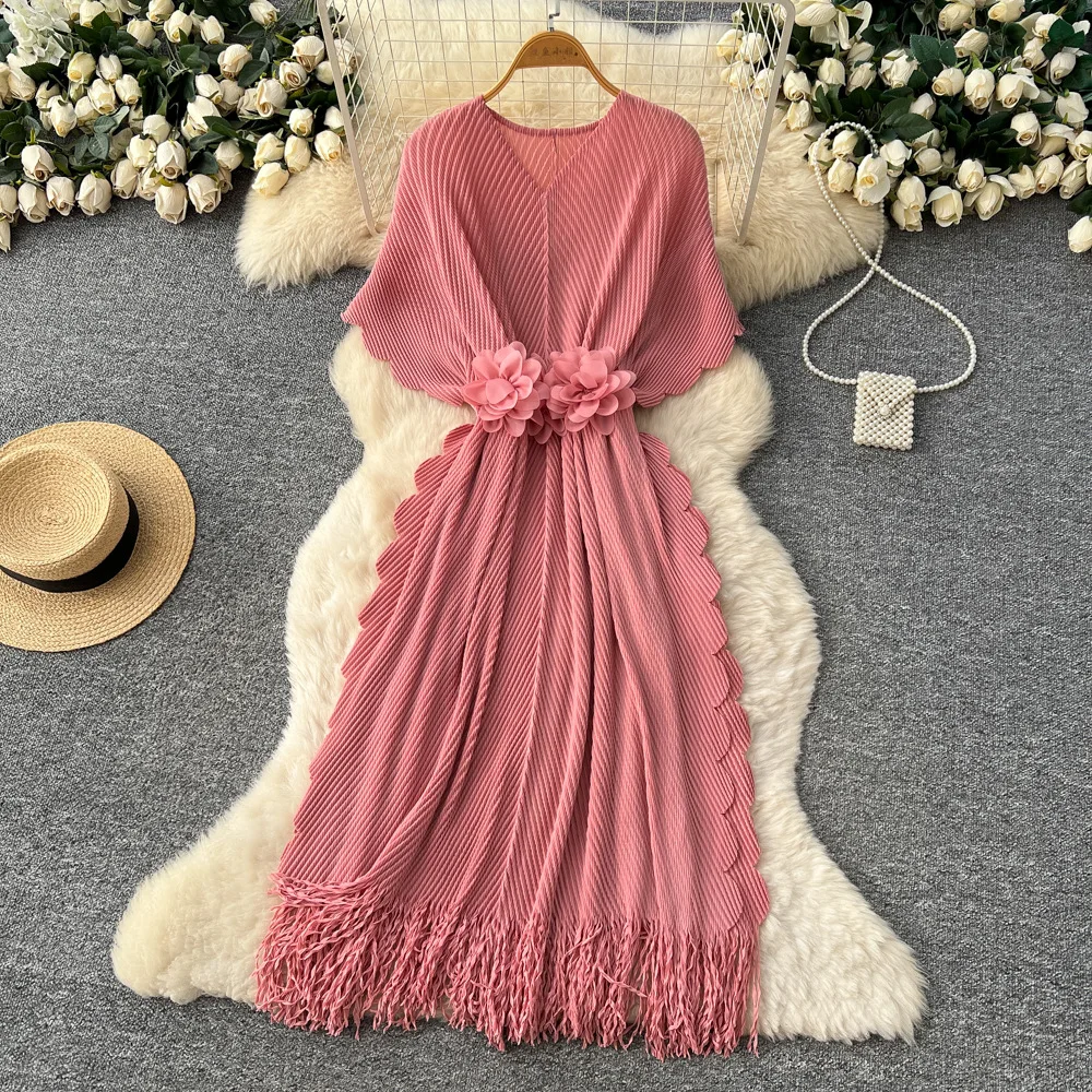

Women Solid Dresses Fringe Dress A Line 3D Flowers Waist Cinch Ankle Lenth V Neck Loose Fit Casual Office Lady 2025 Spring