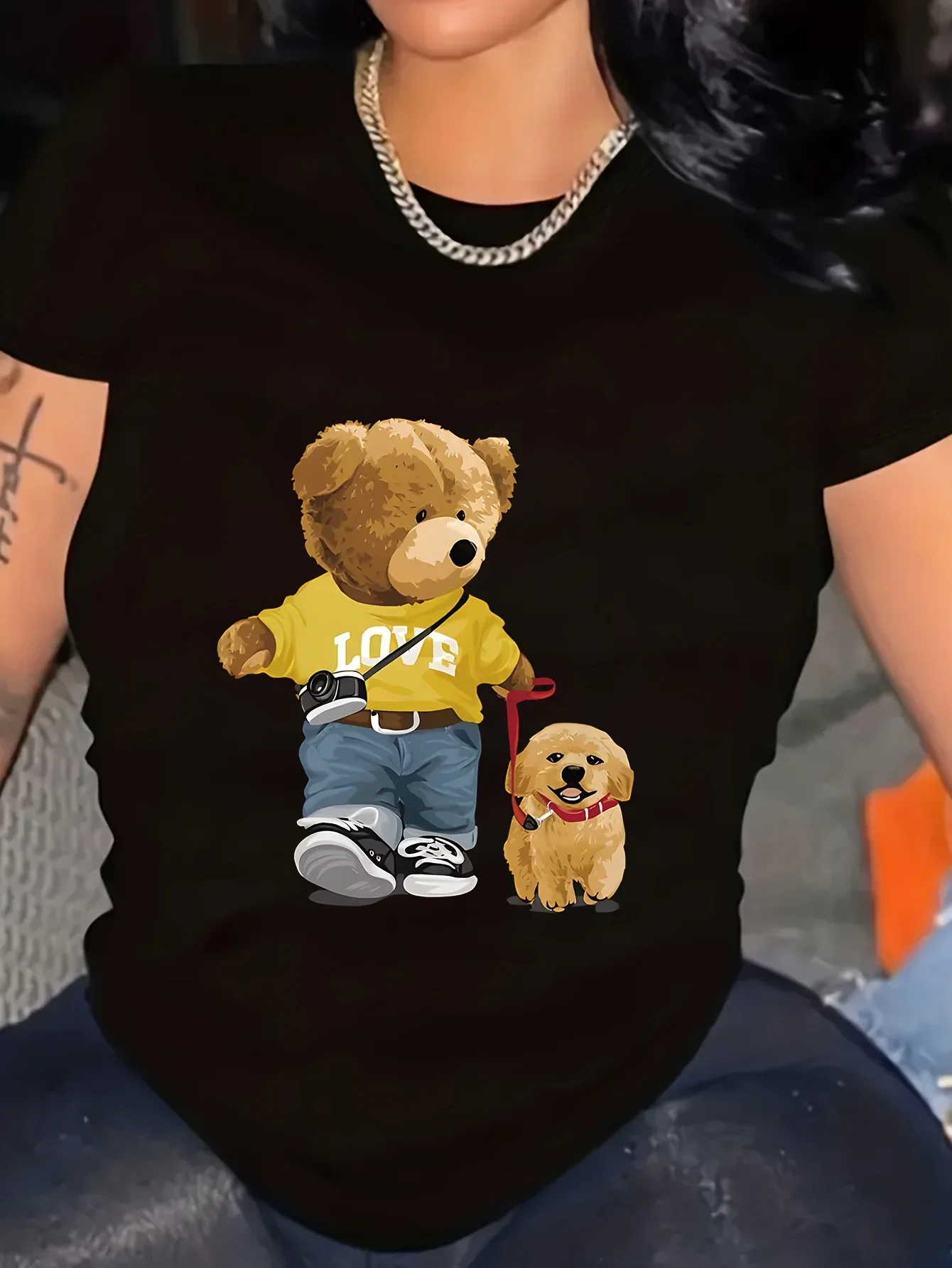 Summer and Spring Women's Short Sleeved Round Neck Casual Top T-shirt with Teddy Bear Pattern Women Clothing Y2K Top Harajuku