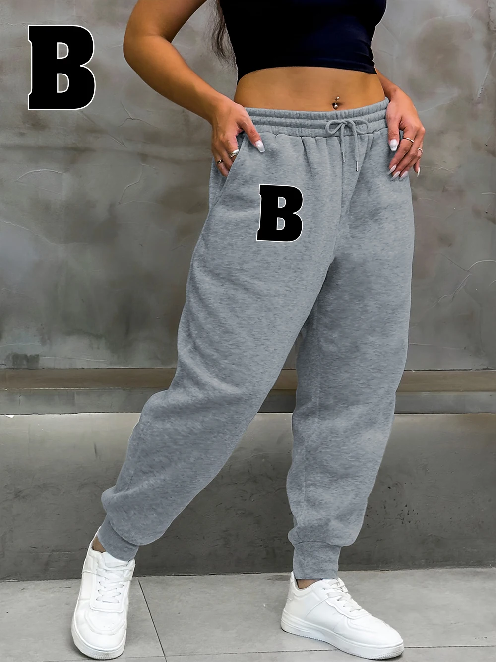 

Спортивные штаны с буквенным принтом B, женские зимние флисовые теплые брюки для бега, базовые брюки с эластичной резинкой на талии и карманами, повседневная свободная женская одежда