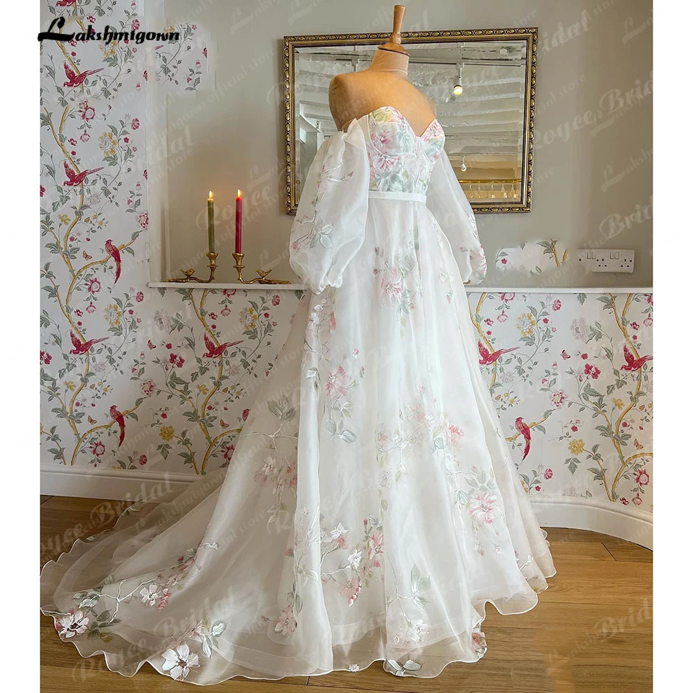 

Lakshmigown Off Shoulder Princess Sweetheart Print Flower Wedding Dress with Detachable Long Puff Sleeve Wedding Party Dress