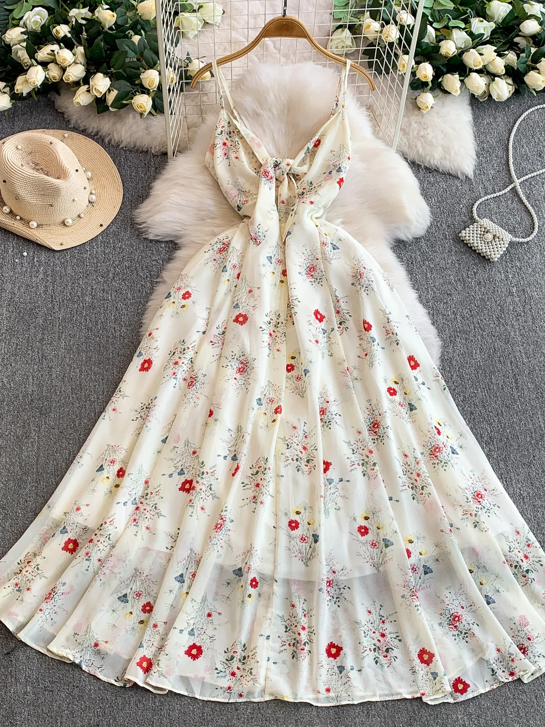 Süße Blumenkrawatte V-Ne ter Dr Sommer Vaion Ele Fairy Langer Rock Damen A-Linie Kleid mit hoher Taille No-Slee Midi D...