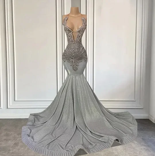 

New Arrival 2026 Sparkly Silver Diamonds Mermaid Prom Dress Halter Rhinestones Wedding Party Birthday Evening Gown Customized