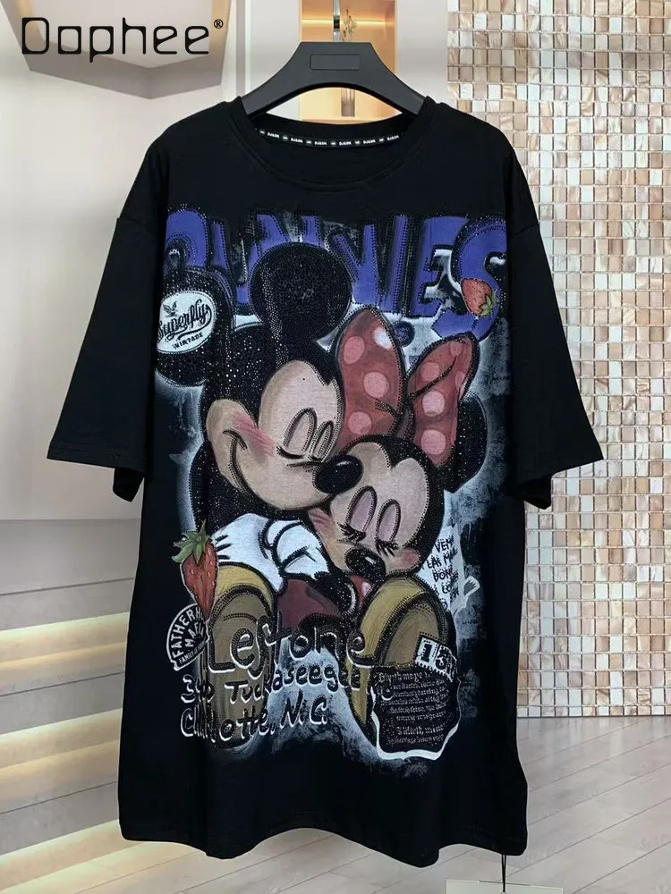 

Trendy Black T-shirt Autumn New Cute Fashion Cartoon Rhinestone Large Loose Short Sleeve T-shirt Top Mid-length Kawaii Clothes