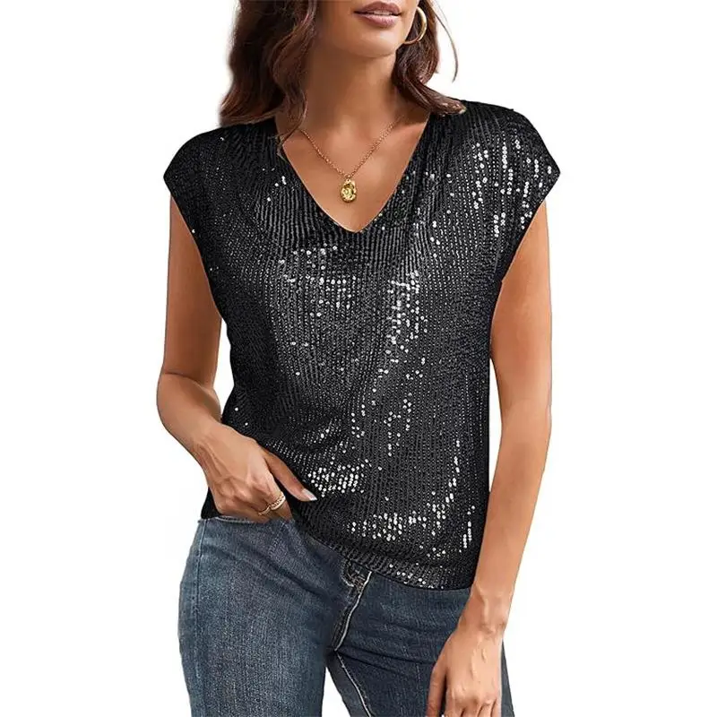 

Women's Sparkling Sequin Par Vest Top Glittering Collar T-irt iny Workwear Cus Design Service