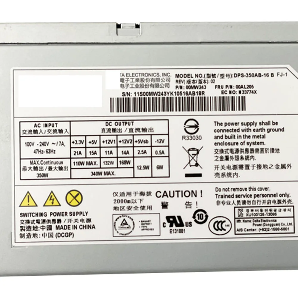 Original 350W Power Supply 100-240V 350W 47-63 Hz 7A for X3100 M4 M5 Server Switching Power Supply 00AL205 DPS-350AB-16 B