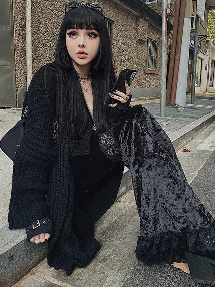 AltGoth Harajuku Punk Gothic Flare Pants Women Grunge Street Vintage Mall Goth Lace Patchwork Hollow Out Dark Black Velvet Pants