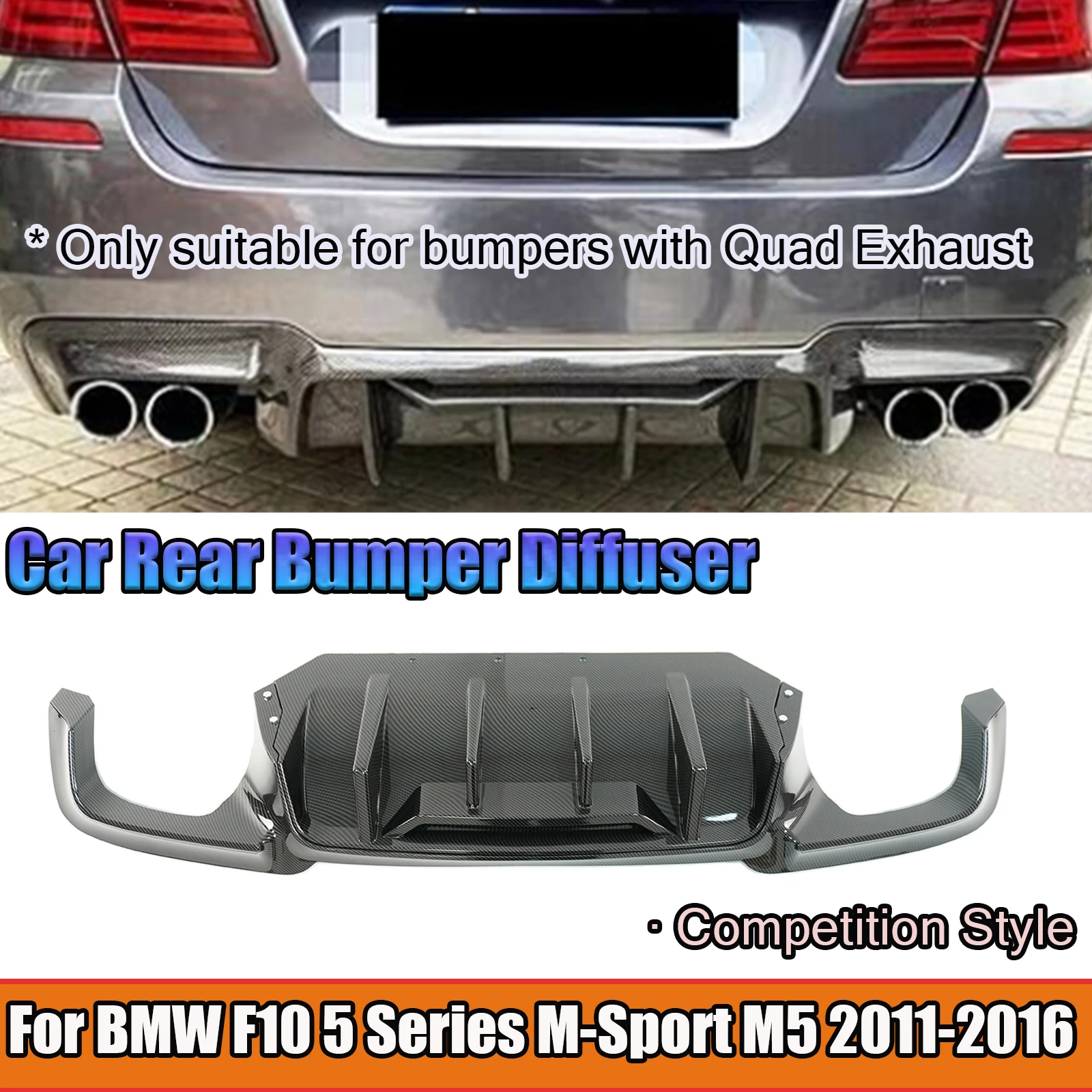 For BMW F10 5 Series M-Sport M5 2011-2016 Quad Exhaust Car Rear Bumper Diffuser Competition Style Glossy Black Body Kit