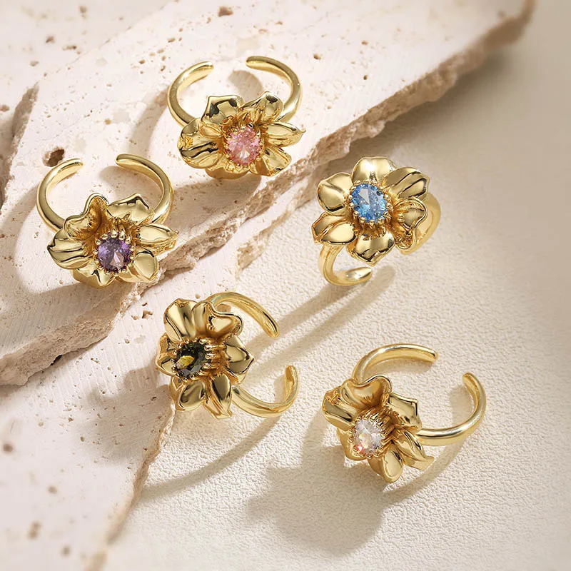 HECHENG، مجموعة سطحية لامعة حلوة صيفية مع خاتم زهرة الزركون قابل للتعديل للسيدات مجوهرات رائعة قطعة واحدة