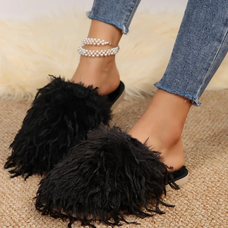 

2024 Women's Autumn Winter Mongolian fur Slippers Plus Size Woman Luxury Furry Faux Fur Slippers Plush Warm Home