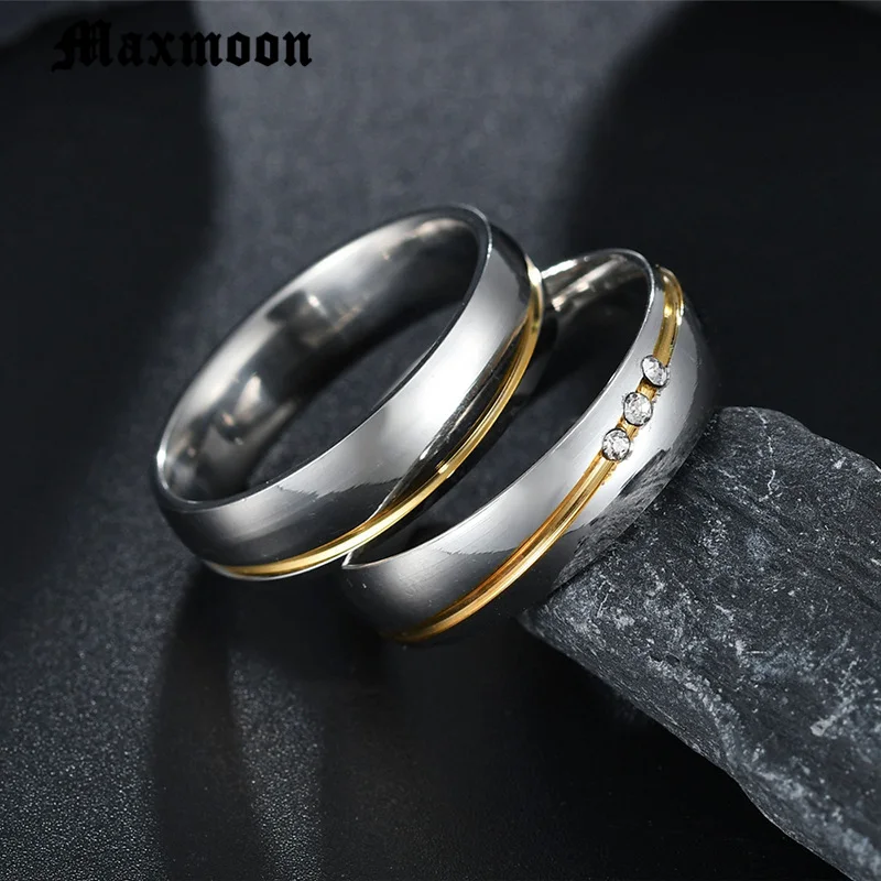 Maxmoon  2019 New  Gold color Stainless Steel Wedding Bands Shiny Crystal Ring for Female Male Jewelry 6mm Engagement Ring