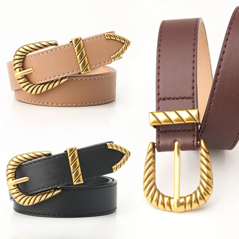 Cross-border New Versatile Pin-buckle Belt with Textured Retro Design, Three-piece Set Including Belt and Coat Decorations