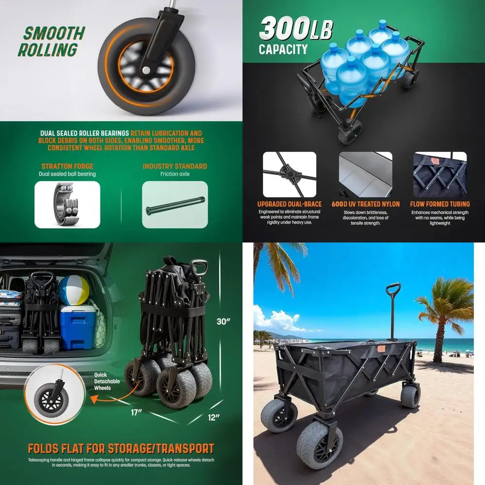 

Вездеходный тележка для песка большой емкости с 9 шинами — универсальная тележка емкостью 300 фунтов [Stratton Forge Outlander-XL] Черный