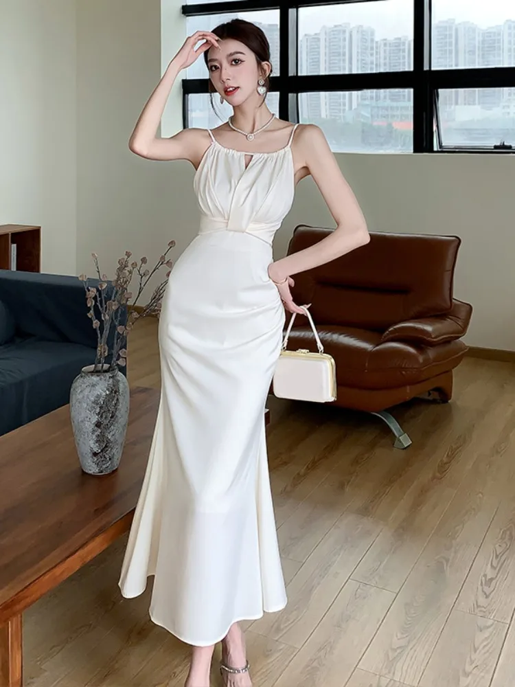 Summer 2025 New Vintage ter Ne Strap Dr Women's Satin Fi Tail High-End Long Design Sensation Gown