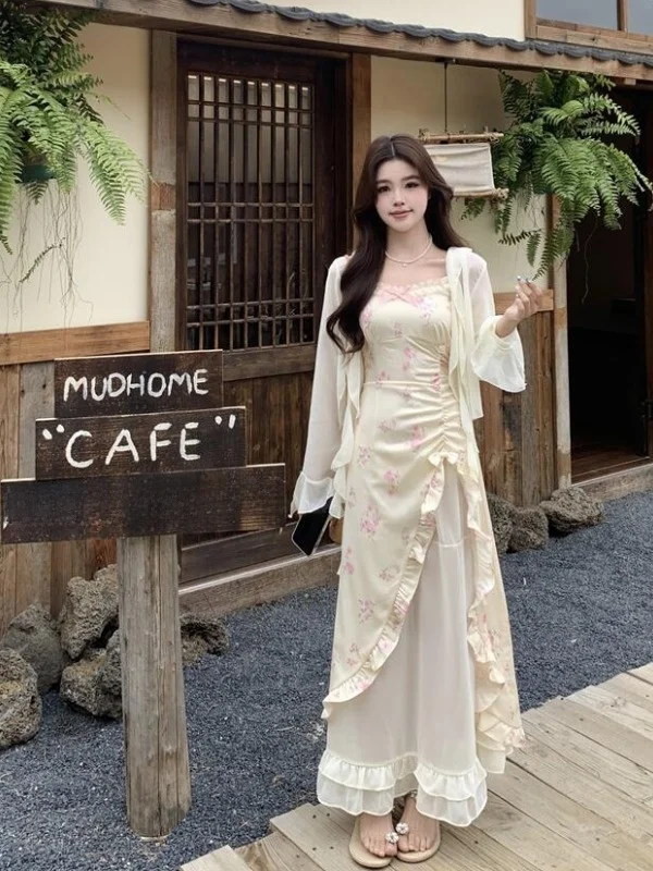 

plus Size Floral Print Halter Dress Women's Summer New Waist Cinched Wooden Ear Splice Long Dress Commute Style High Waist