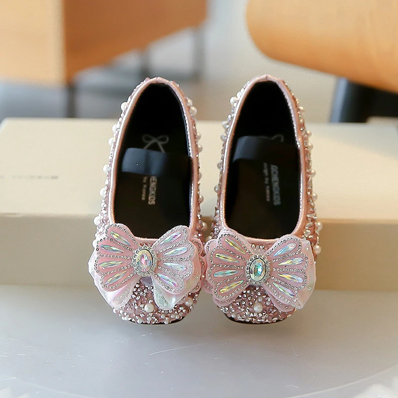 Zapatos de princesa para niña, calzado individual de suela suave con diamantes de imitación, de cuero, para otoño, 2024