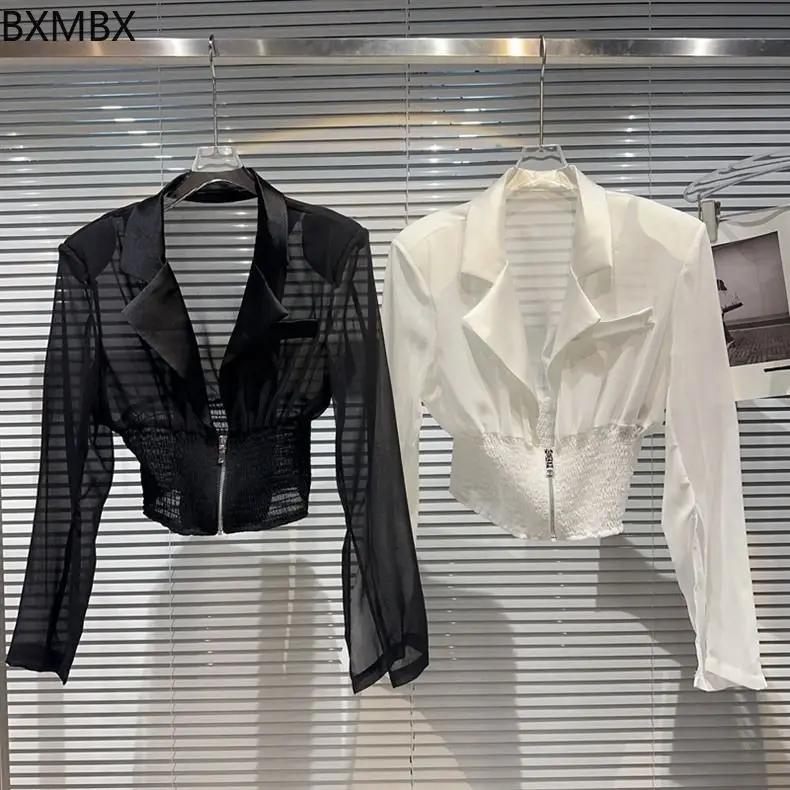 The same 2025 spring new Xiaoxiangfeng slim elastic waist mesh yarn slightly transparent sunscreen suit short jacket