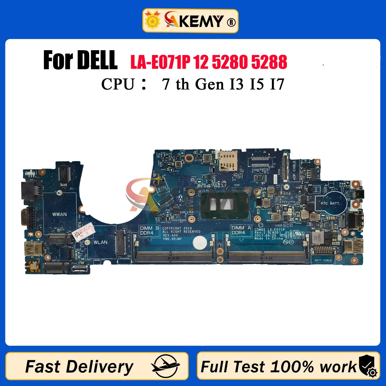 

CDM60 LA-E071P для ноутбука Dell LATITUDE 5280 5288, материнская плата с процессором i3 i5 i7 7-го поколения CN-04T711 CN-03Y392 MMMK9, 100% протестировано, ОК