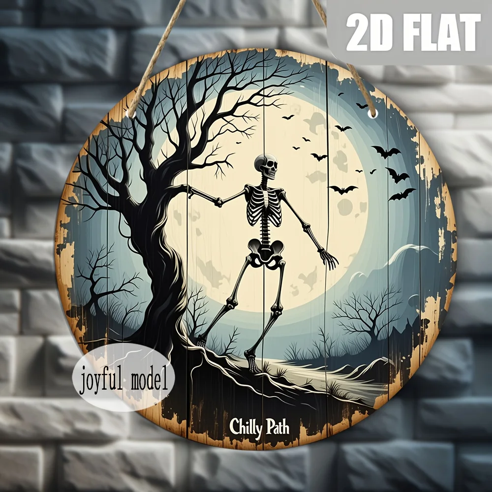 1 Stück 2D flaches rundes Holzschild mit Totenkopf, Vollmond- und Fledermäusenmuster, Halloween-Dekoration, keine Strom erforderlich – sjs