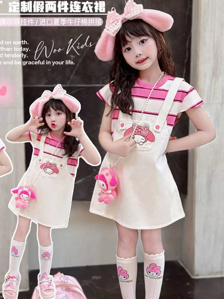 My Melody Anime Kawaii Sanrio Ins Sweet Short Sleeve Dress Cute Cartoon Fashion Fake Two Suspenders Skirt Clothing Girls Gifts