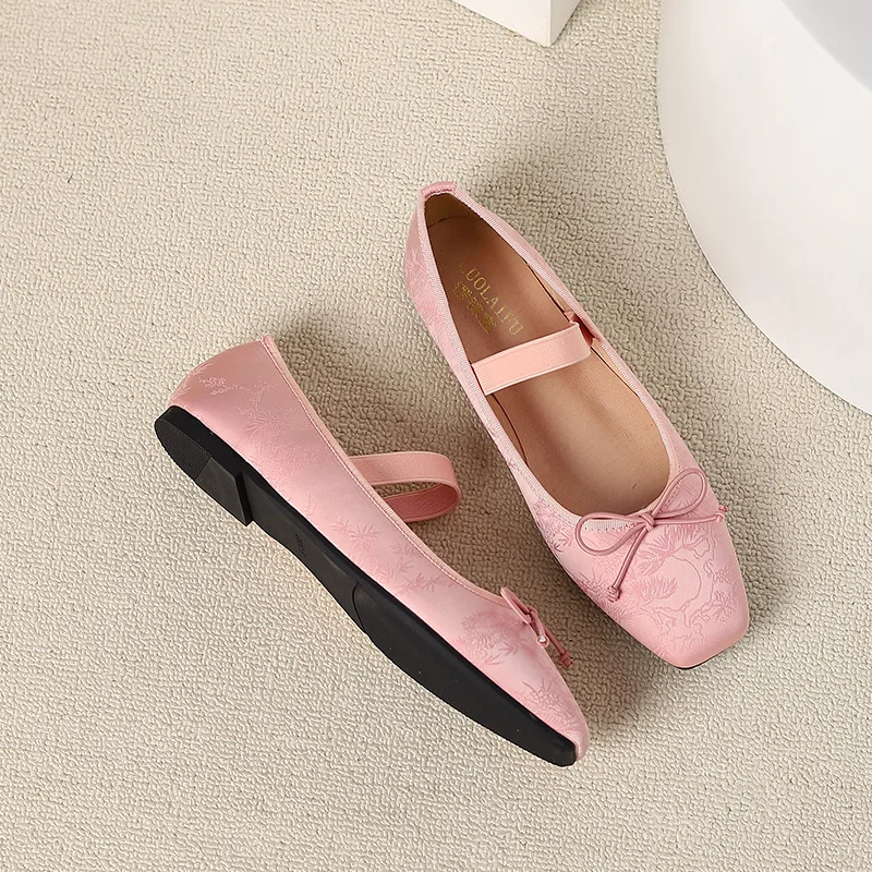 Lady Mary Jane bloemen elastische band flats vierkante neus breed past sandalen Chinese retro stijl 35-44 16cm roze beige zwart schattige schoenen